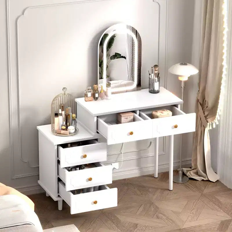 Makeup Vanity Desk with Mirror and Lights, Modern White Vanity Table with 2 Drawers & Adjustable 3-Drawer Cabinet