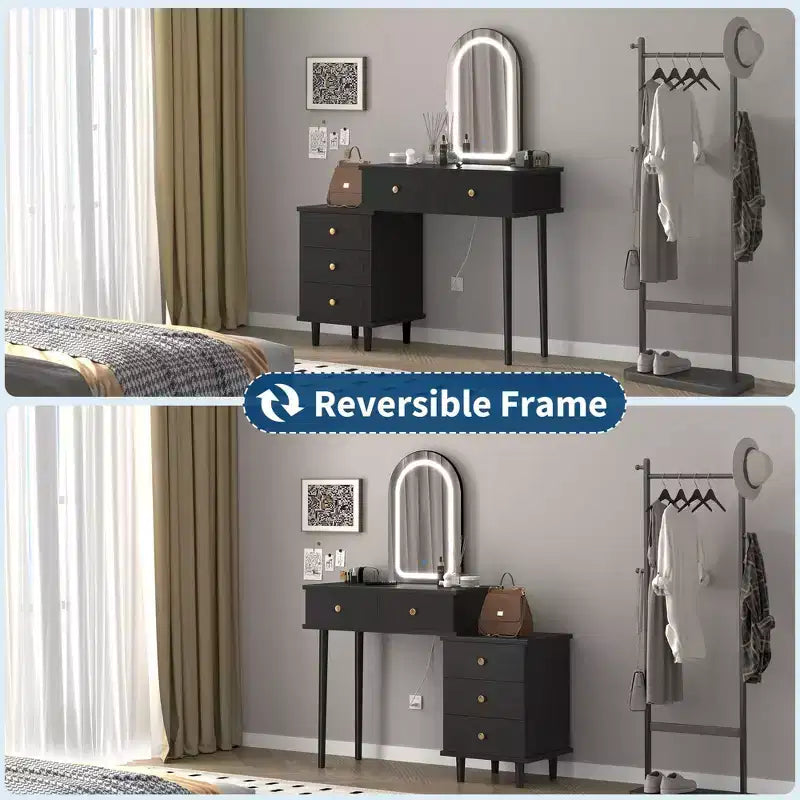 Makeup Vanity Desk with Mirror and Lights, Modern White Vanity Table with 2 Drawers & Adjustable 3-Drawer Cabinet