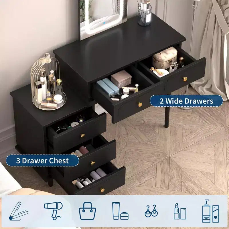 Makeup Vanity Desk with Mirror and Lights, Modern White Vanity Table with 2 Drawers & Adjustable 3-Drawer Cabinet