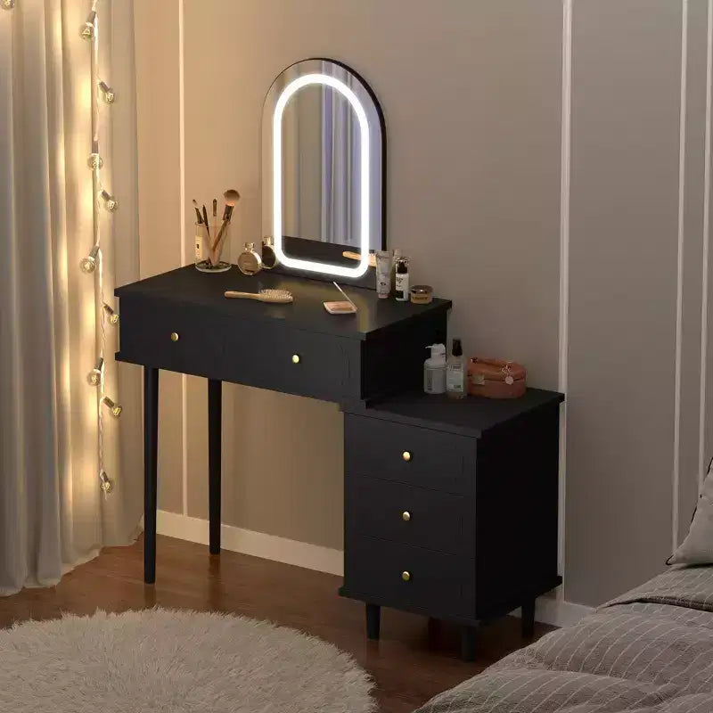 Makeup Vanity Desk with Mirror and Lights, Modern White Vanity Table with 2 Drawers & Adjustable 3-Drawer Cabinet