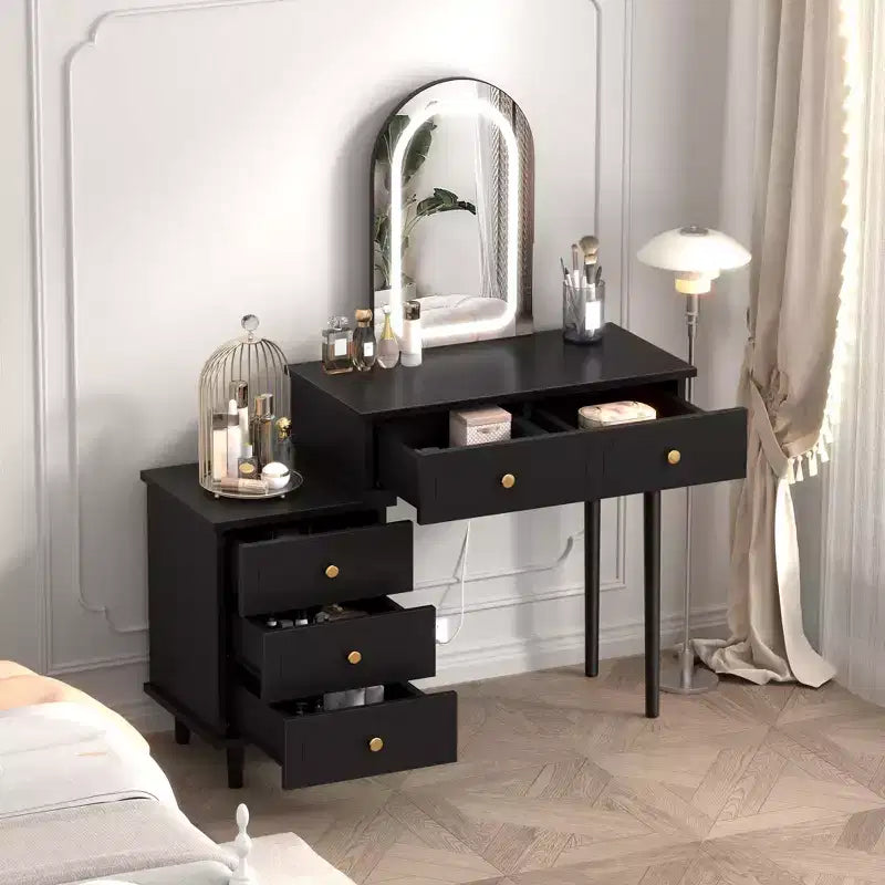 Makeup Vanity Desk with Mirror and Lights, Modern White Vanity Table with 2 Drawers & Adjustable 3-Drawer Cabinet