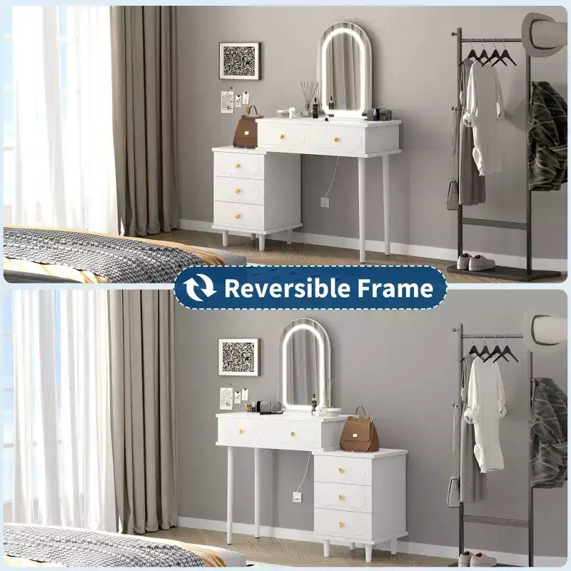 Makeup Vanity Desk with Mirror and Lights, Modern White Vanity Table with 2 Drawers & Adjustable 3-Drawer Cabinet