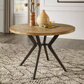 4-Person Round Dining Table, Light Pine Wood Finish & Iron Gray Metal Base