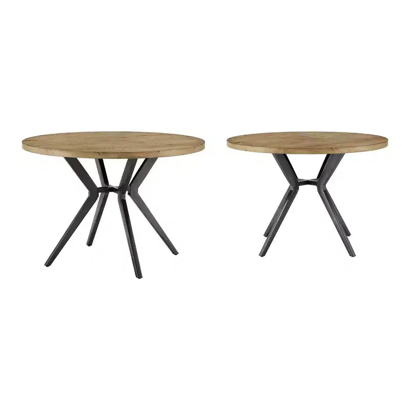 4-Person Round Dining Table, Light Pine Wood Finish & Iron Gray Metal Base