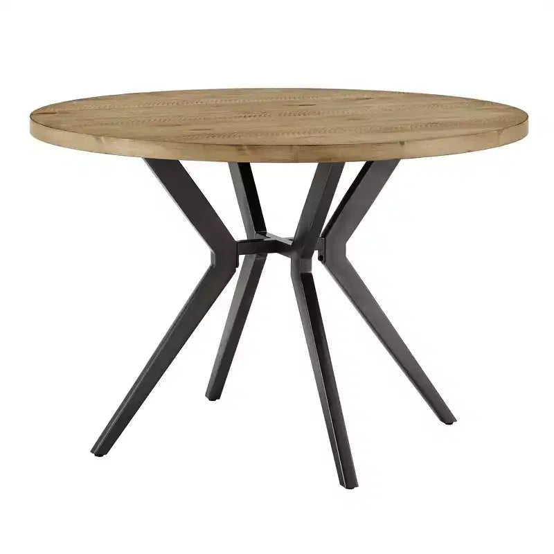 4-Person Round Dining Table, Light Pine Wood Finish & Iron Gray Metal Base