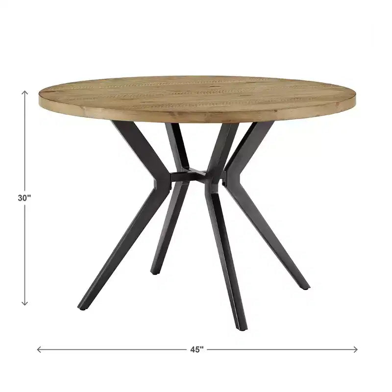 4-Person Round Dining Table, Light Pine Wood Finish & Iron Gray Metal Base