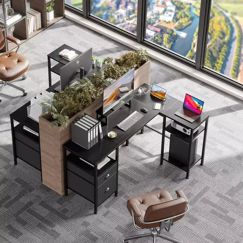 50 Inch Black L Shaped Computer Desk with Charging Station, Reversible Corner Gaming Desk, File Cabinet, Monitor Stand & Storage