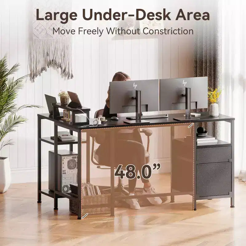 50 Inch Black L Shaped Computer Desk with Charging Station, Reversible Corner Gaming Desk, File Cabinet, Monitor Stand & Storage