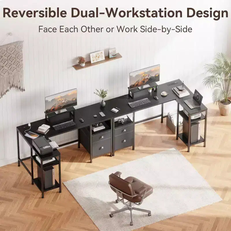 50 Inch Black L Shaped Computer Desk with Charging Station, Reversible Corner Gaming Desk, File Cabinet, Monitor Stand & Storage