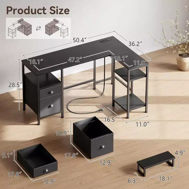 50 Inch Black L Shaped Computer Desk with Charging Station, Reversible Corner Gaming Desk, File Cabinet, Monitor Stand & Storage