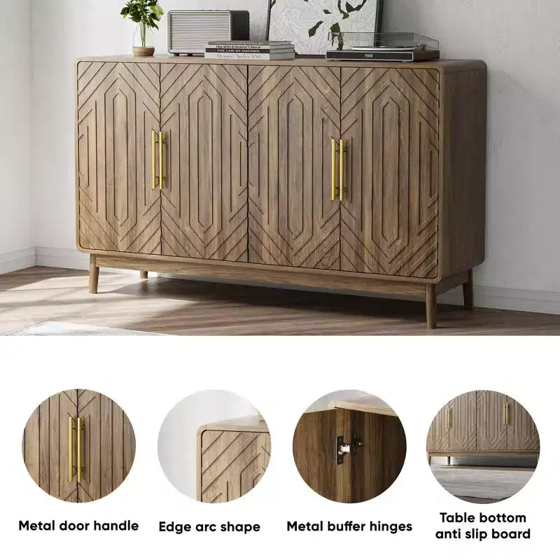55" Modern Wood Sideboard Buffet Cabinet with 4 Doors, Geometric Carved Design & Gold Handles