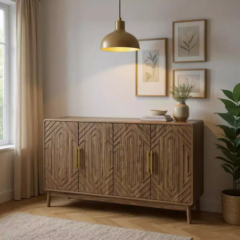 55" Modern Wood Sideboard Buffet Cabinet with 4 Doors, Geometric Carved Design & Gold Handles