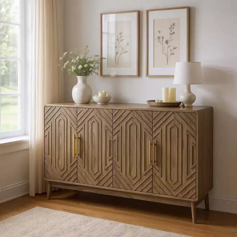 55" Modern Wood Sideboard Buffet Cabinet with 4 Doors, Geometric Carved Design & Gold Handles