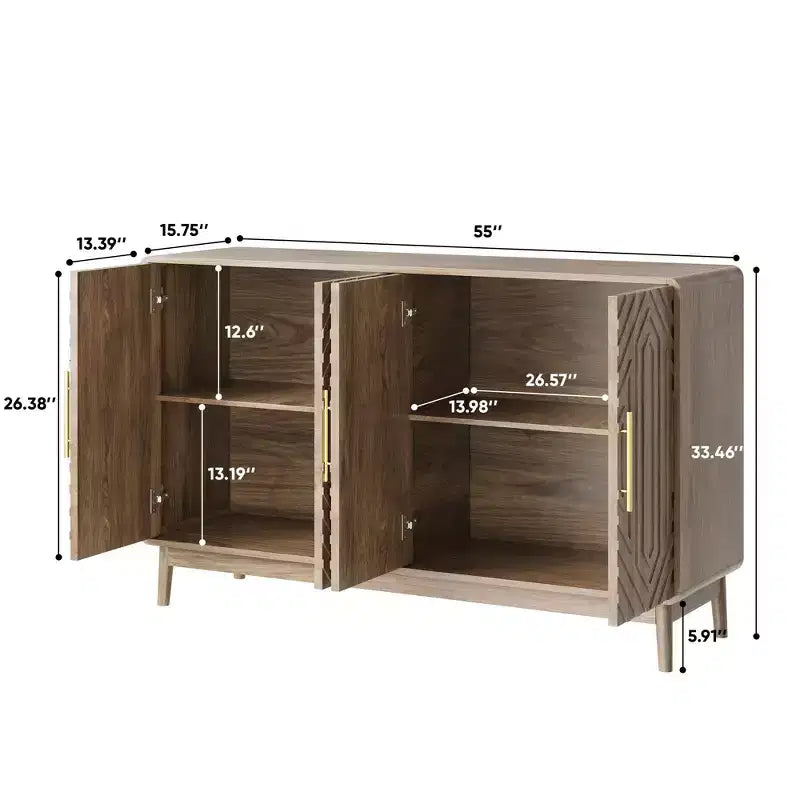 55" Modern Wood Sideboard Buffet Cabinet with 4 Doors, Geometric Carved Design & Gold Handles
