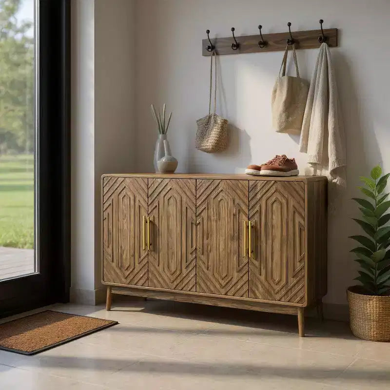 55" Modern Wood Sideboard Buffet Cabinet with 4 Doors, Geometric Carved Design & Gold Handles
