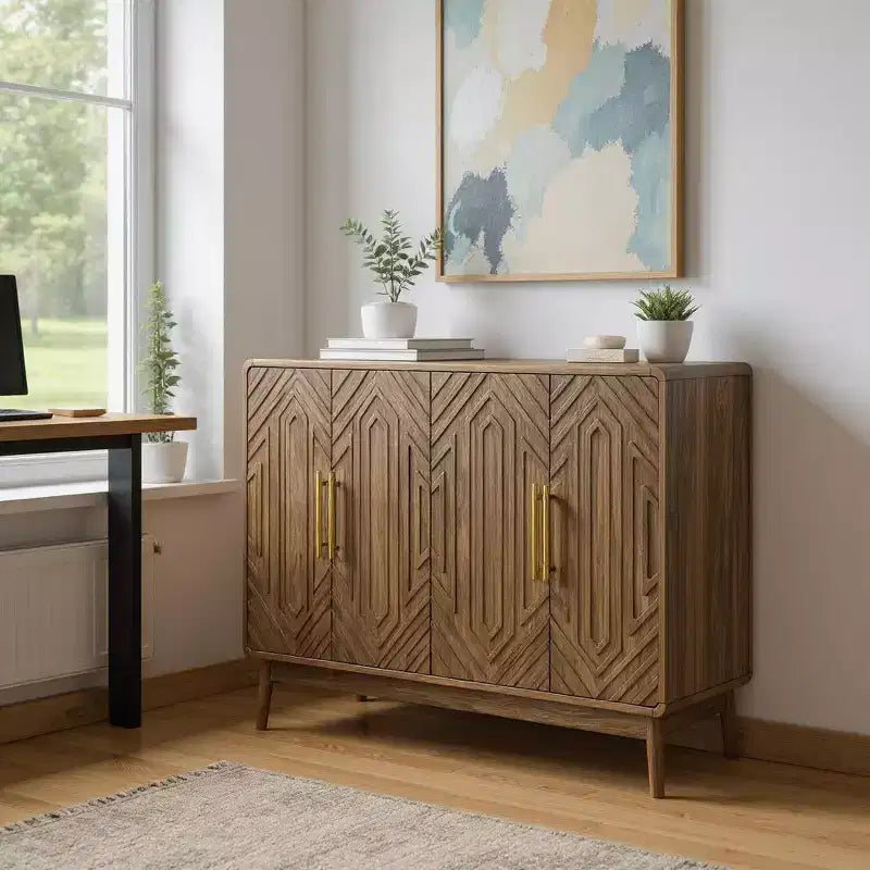 55" Modern Wood Sideboard Buffet Cabinet with 4 Doors, Geometric Carved Design & Gold Handles