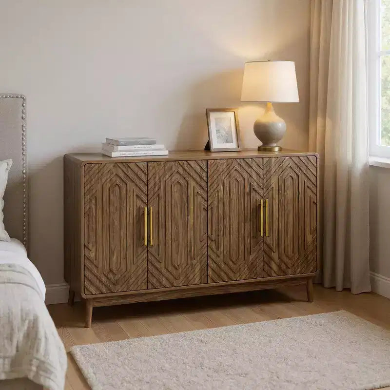 55" Modern Wood Sideboard Buffet Cabinet with 4 Doors, Geometric Carved Design & Gold Handles