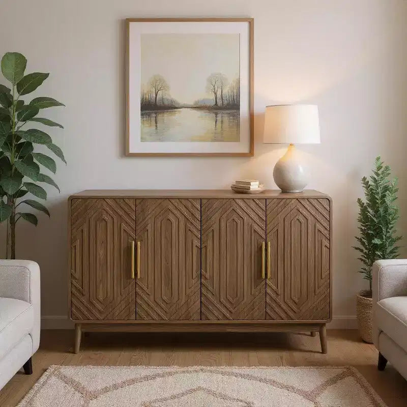 55" Modern Wood Sideboard Buffet Cabinet with 4 Doors, Geometric Carved Design & Gold Handles