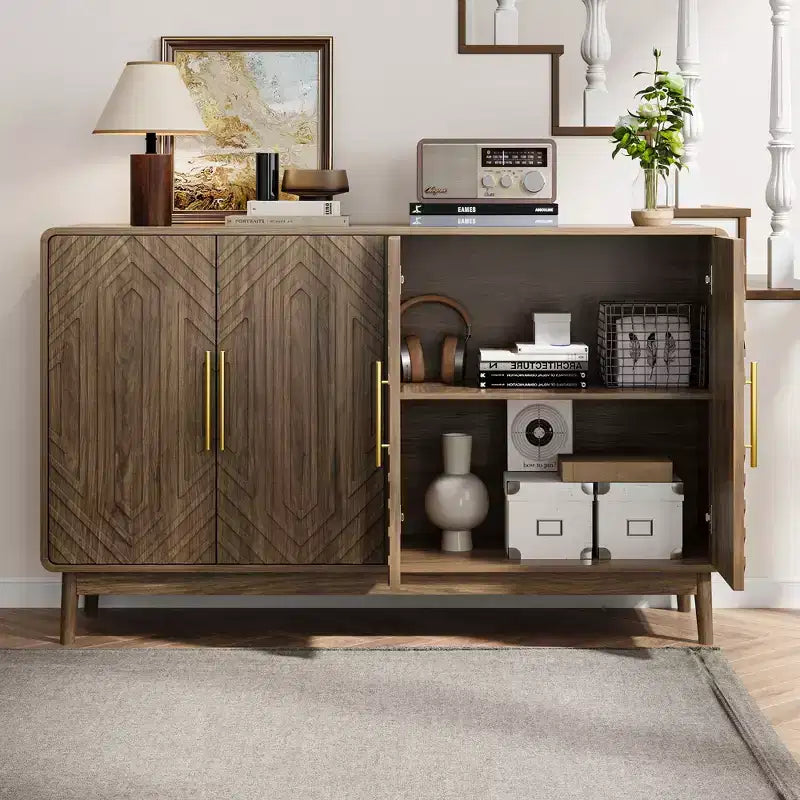 55" Modern Wood Sideboard Buffet Cabinet with 4 Doors, Geometric Carved Design & Gold Handles