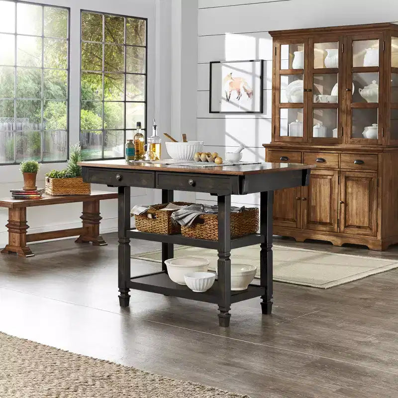 Two-Tone Kitchen Island with Oak Top, Antique Black, Rubberwood