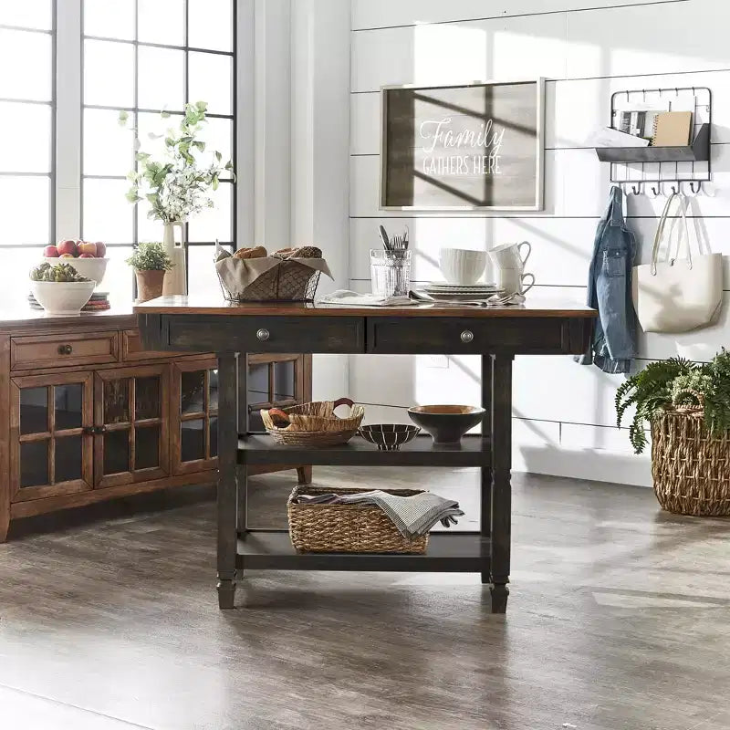Two-Tone Kitchen Island with Oak Top, Antique Black, Rubberwood