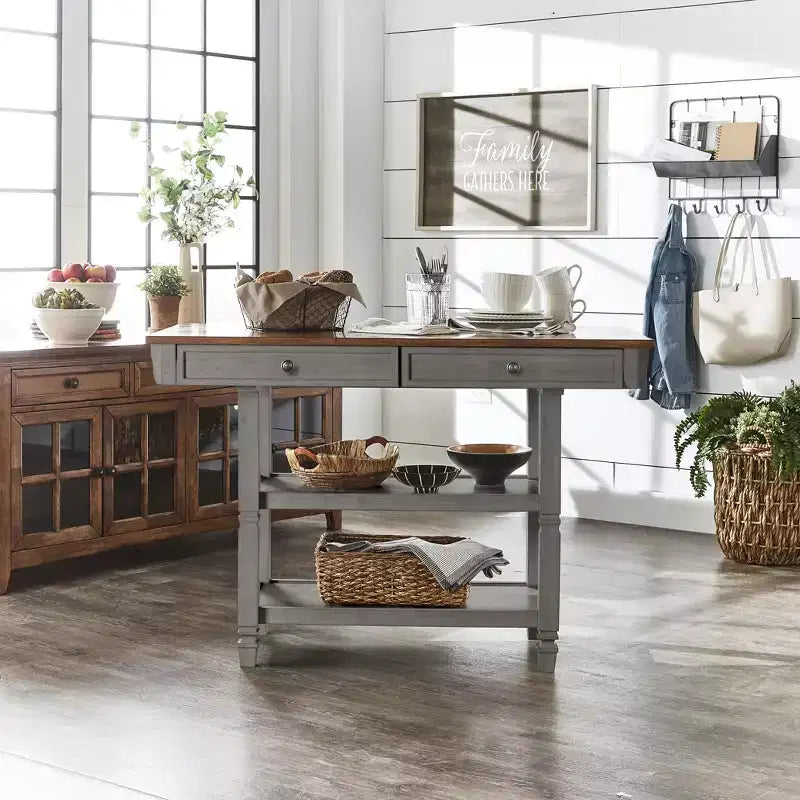 Two-Tone Kitchen Island with Oak Top, Antique Black, Rubberwood