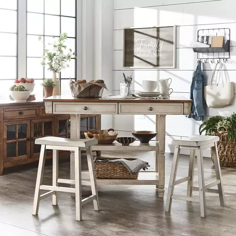 Two-Tone Kitchen Island with Oak Top, Antique Black, Rubberwood