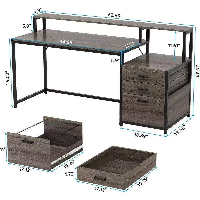 63" Industrial Computer Desk with File Drawer, Monitor Stand, Printer Space, Ergonomic Home Office Workstation
