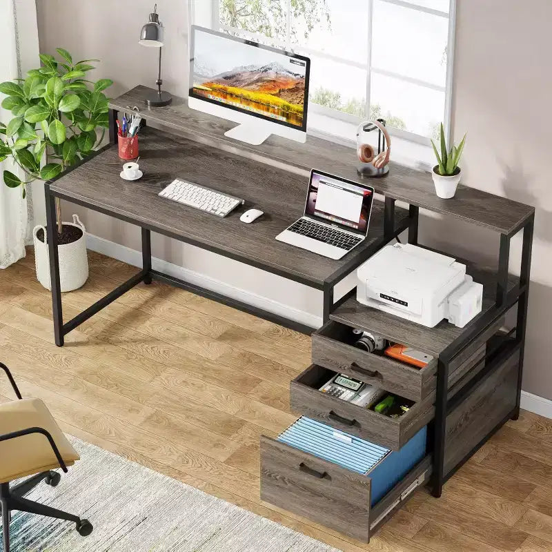 63" Industrial Computer Desk with File Drawer, Monitor Stand, Printer Space, Ergonomic Home Office Workstation