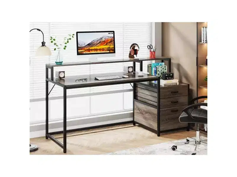 63" Industrial Computer Desk with File Drawer, Monitor Stand, Printer Space, Ergonomic Home Office Workstation