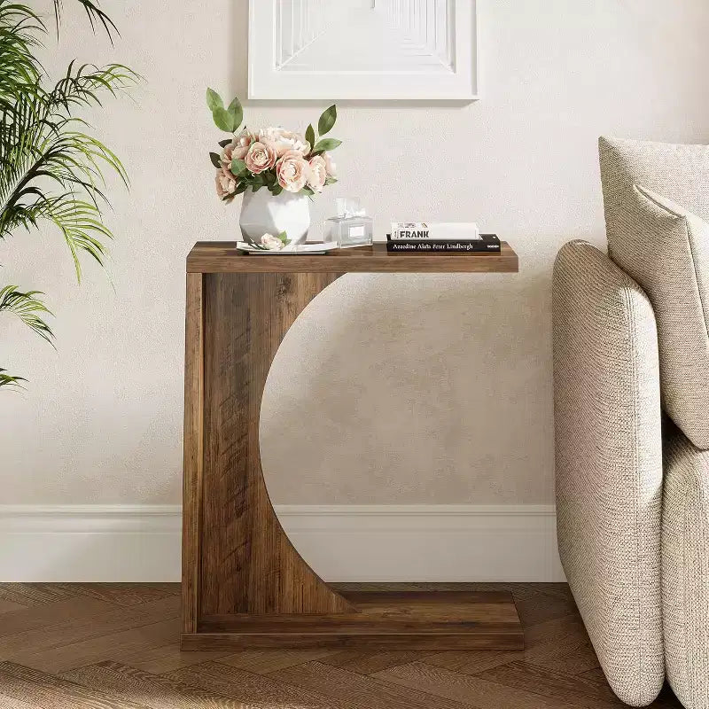C-Shaped End Table for Couch, Small Bedside Table, Wooden Nightstand for Living Room & Bedroom, Rustic Brown
