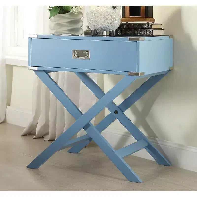 X-Base Wood Campaign Table Nightstand, Blue