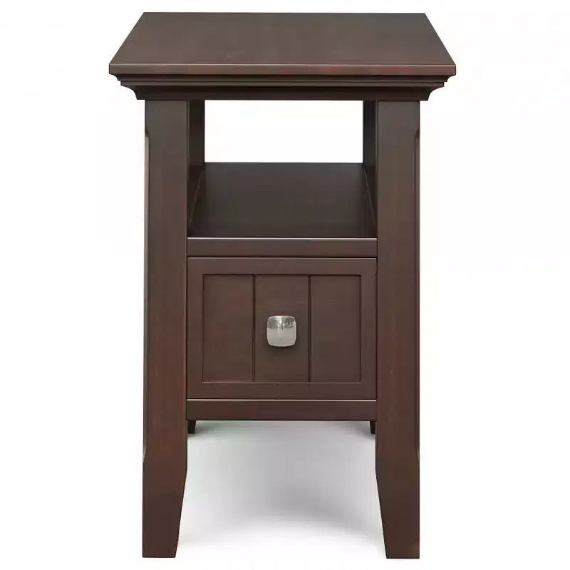 Narrow Side Table with Drawer, Brunette Brown, Storage Shelf, Lacquered Pine Frame