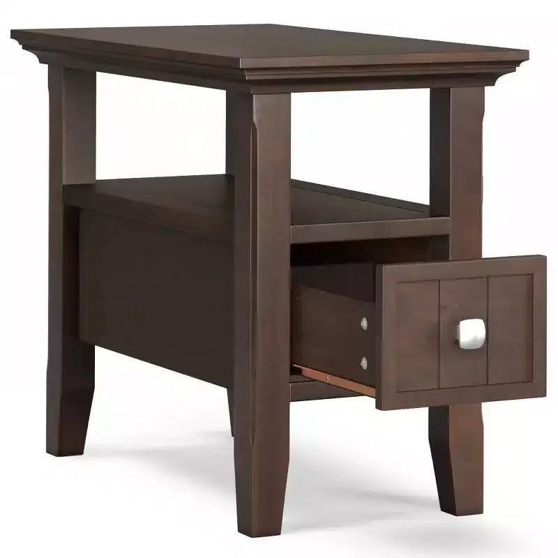 Narrow Side Table with Drawer, Brunette Brown, Storage Shelf, Lacquered Pine Frame