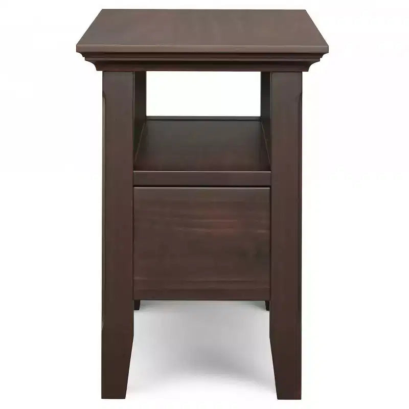 Narrow Side Table with Drawer, Brunette Brown, Storage Shelf, Lacquered Pine Frame