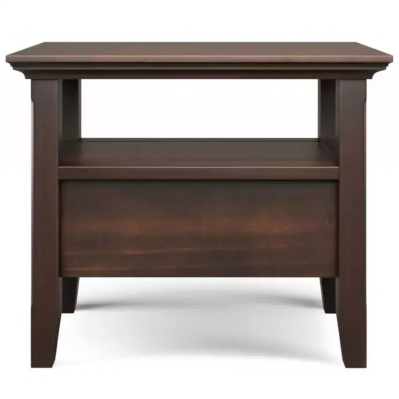 Narrow Side Table with Drawer, Brunette Brown, Storage Shelf, Lacquered Pine Frame