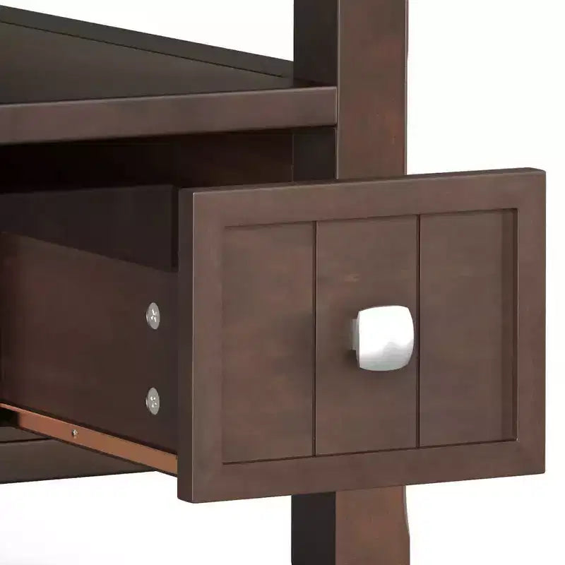 Narrow Side Table with Drawer, Brunette Brown, Storage Shelf, Lacquered Pine Frame