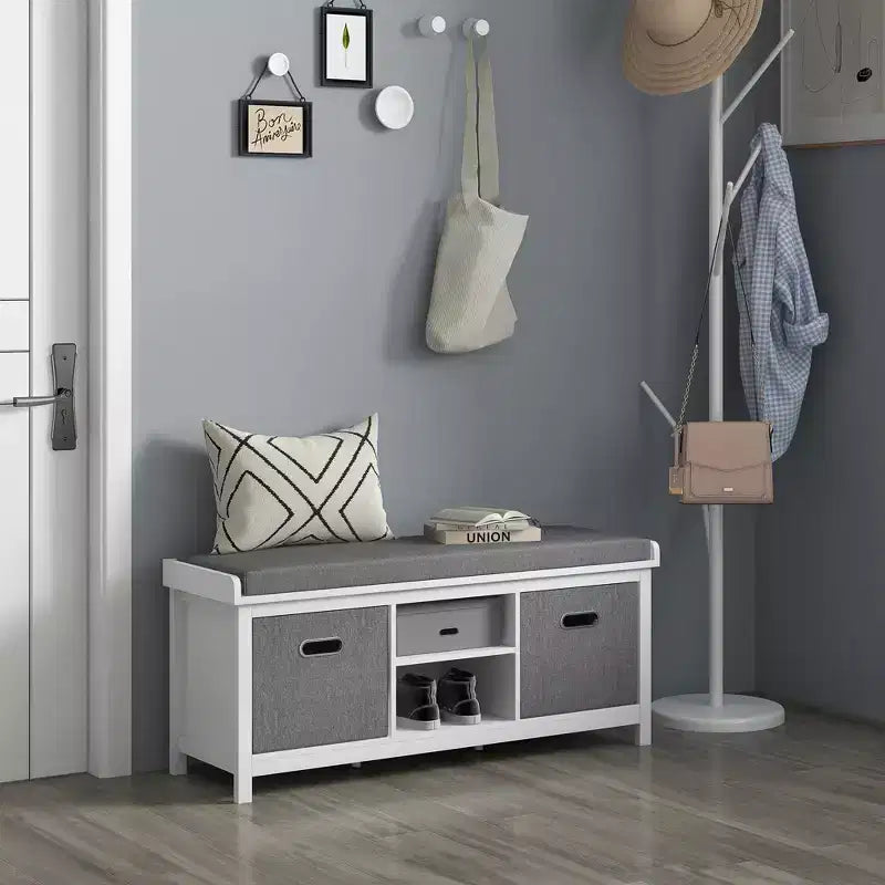 Shoe Bench with Cushion, Storage Bench for Entryway with Padded Seat, 2 Drawers and Adjustable Shelf, White
