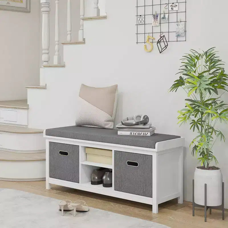 Shoe Bench with Cushion, Storage Bench for Entryway with Padded Seat, 2 Drawers and Adjustable Shelf, White