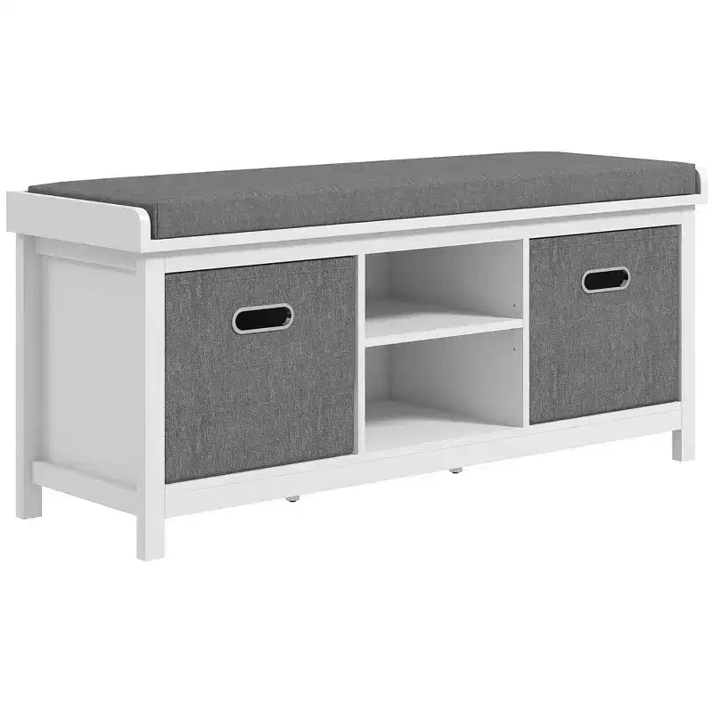 Shoe Bench with Cushion, Storage Bench for Entryway with Padded Seat, 2 Drawers and Adjustable Shelf, White
