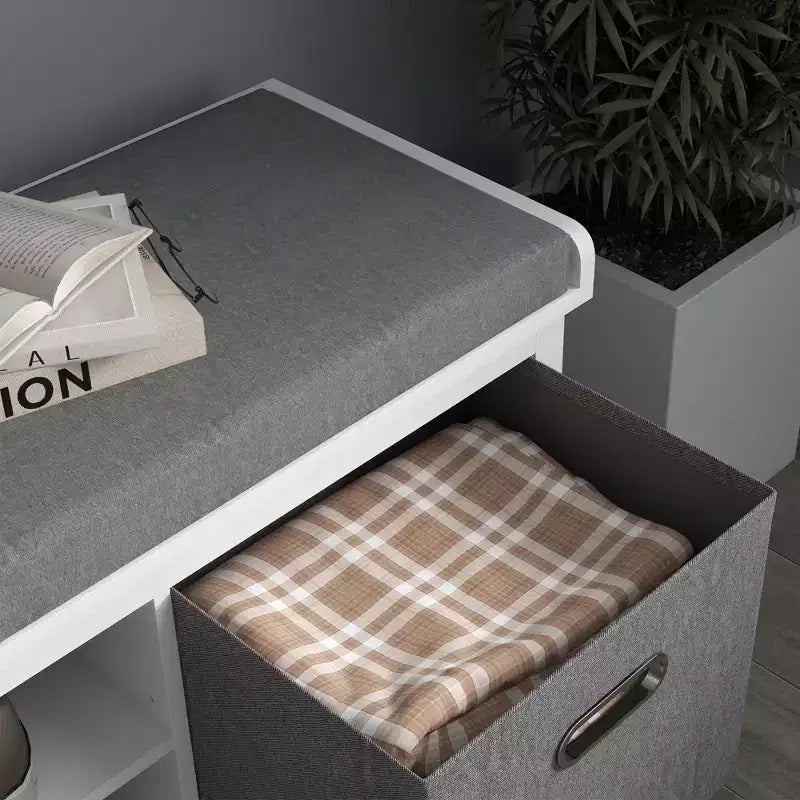 Shoe Bench with Cushion, Storage Bench for Entryway with Padded Seat, 2 Drawers and Adjustable Shelf, White