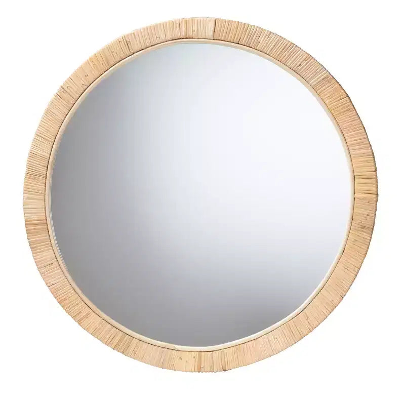 Modern Bohemian Round Wall Mirror, Natural Brown Mahogany Wood & Natural Rattan