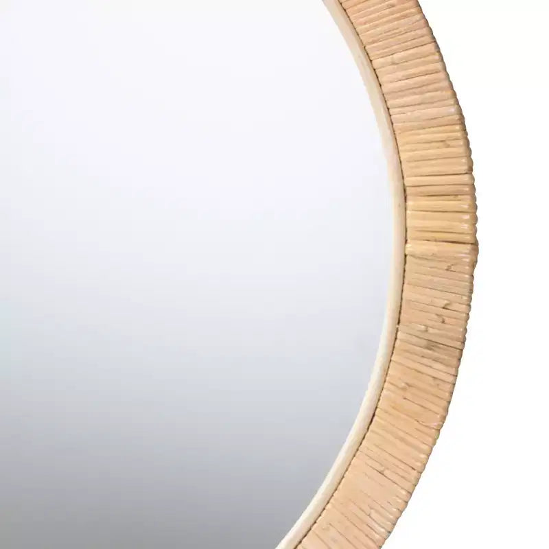 Modern Bohemian Round Wall Mirror, Natural Brown Mahogany Wood & Natural Rattan