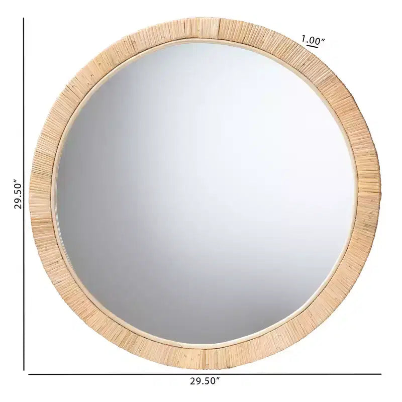 Modern Bohemian Round Wall Mirror, Natural Brown Mahogany Wood & Natural Rattan