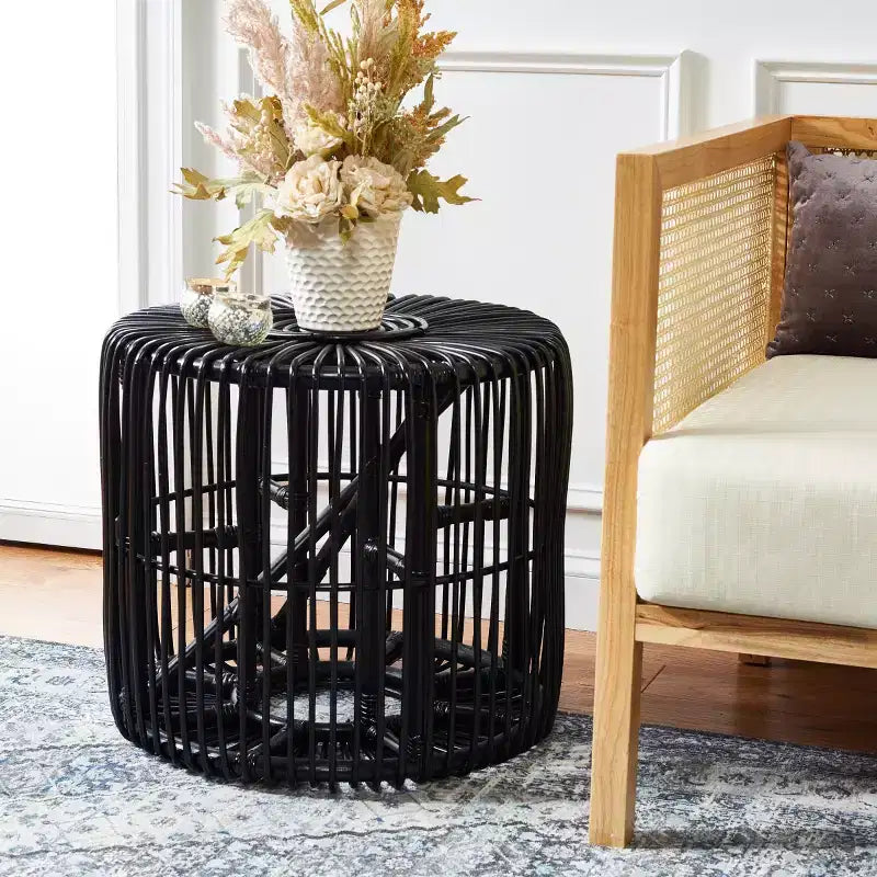 Round Rattan Accent Table, Coastal Style, 21.7" Diameter, Indoor Use