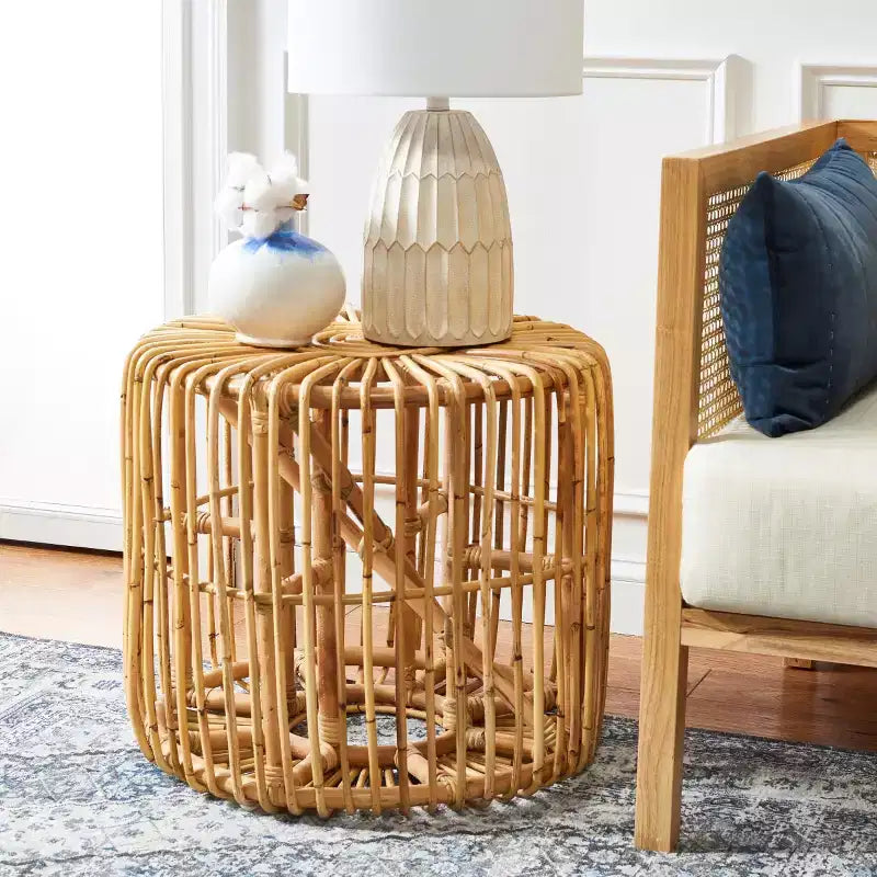 Round Rattan Accent Table, Coastal Style, 21.7" Diameter, Indoor Use