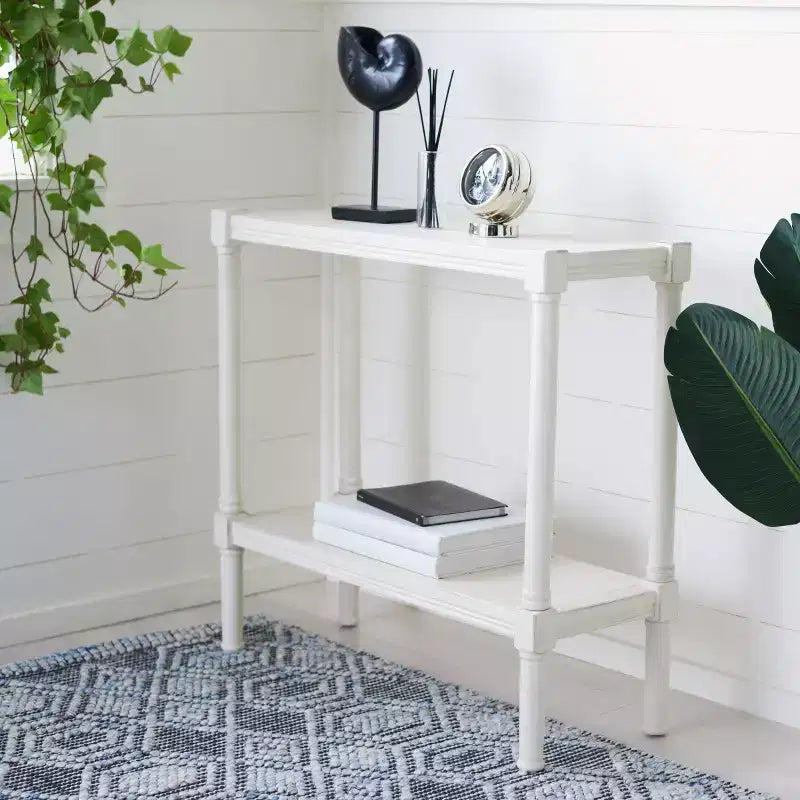 Distressed White Pine Console Table with Open Shelf, British Colonial Style