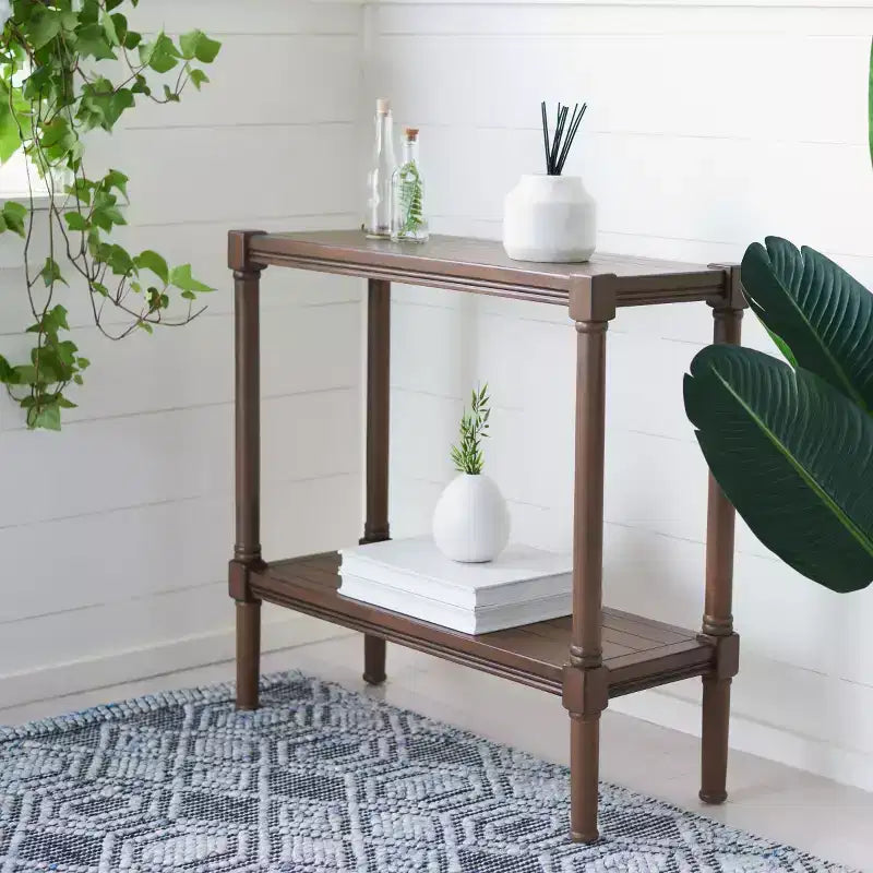 Distressed White Pine Console Table with Open Shelf, British Colonial Style
