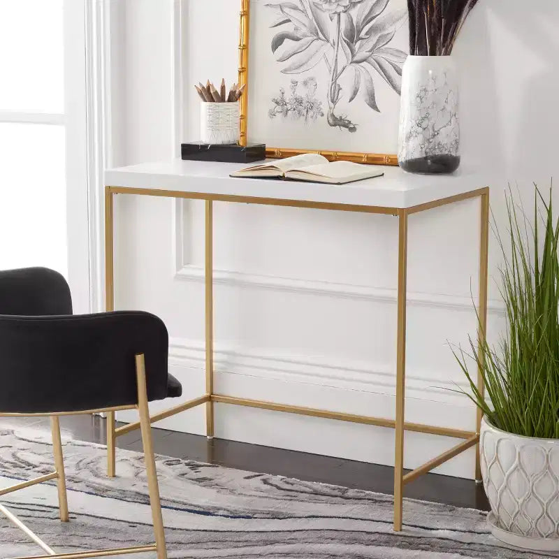 White and Gold Writing Desk, Elegant Home Office Desk with Gold Metal Legs